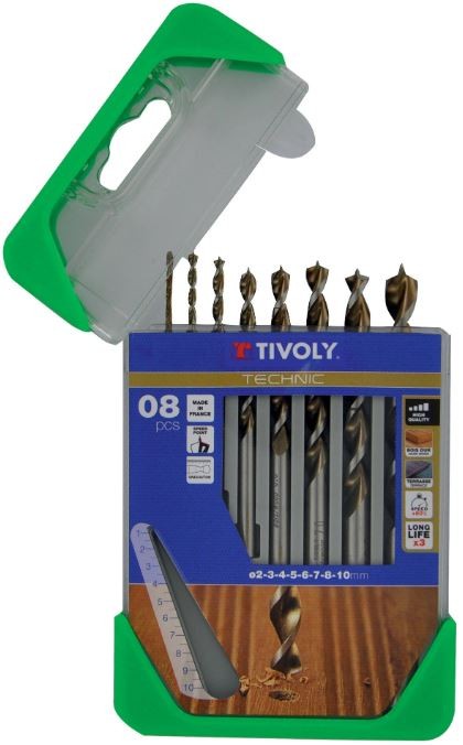 Tivoly Speed-Point Wood Drill Bit Set – 8-Piece Ø2–10 mm, Tri-Flat Shank, HSS, Depth-Control Graduation