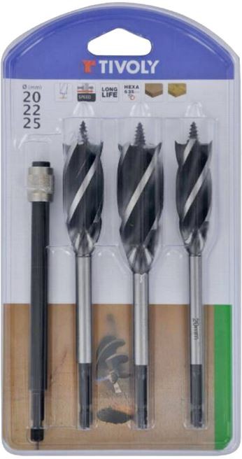Tivoly Wood Drill Bit Set – 4-Cutting Edges, Ø20–25 mm, 3 Bits + Extension Shank,1/4 Hex